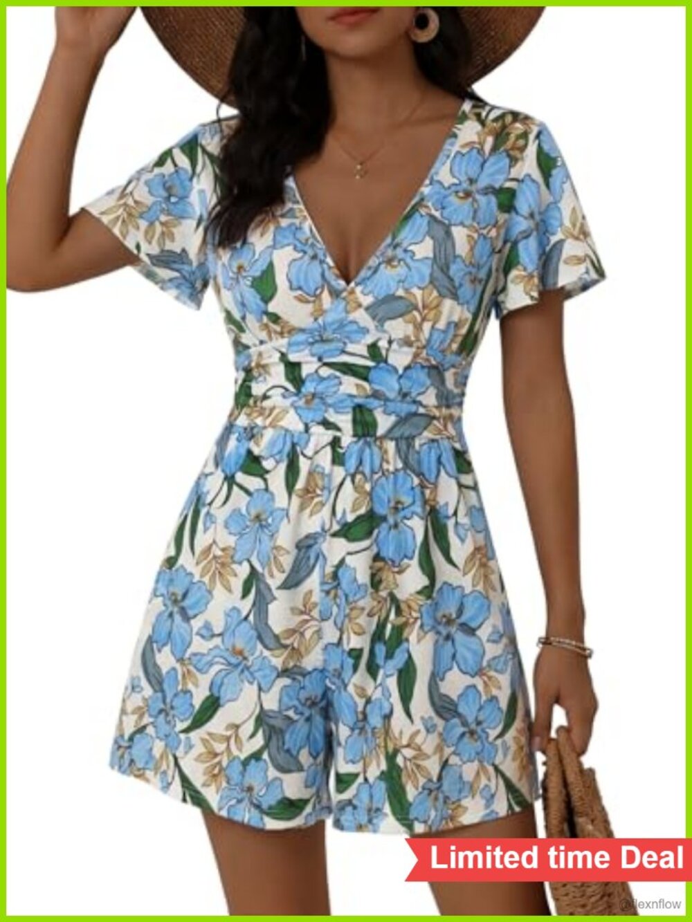 Women's Back Lace Up Floral Romper with Pockets Ruffle Sleeve V Neck Casual